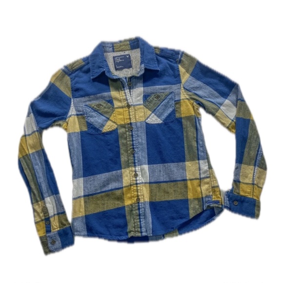 AMERICAN EAGLE vintage blue and gold/yellow/white plaid button down, size 2 - Picture 3 of 15